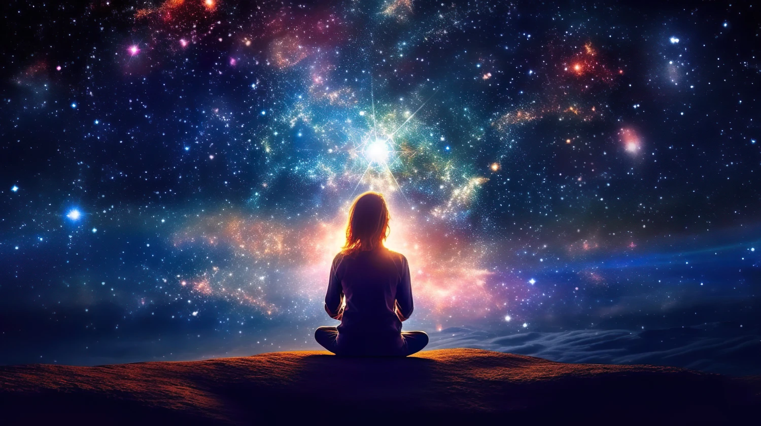 Eine Frau sitzt und eine ganze Galaxie am Himmel