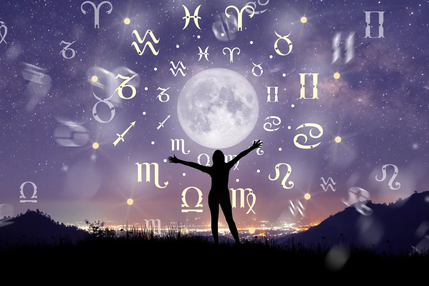 Illustration einer Frauensilhouette, die die Sterne und den Mond über dem Tierkreisrad